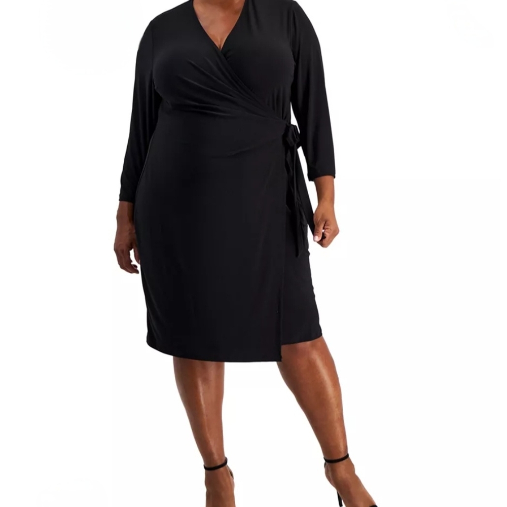 NWT Anne Klein Black Wrap Dress with Side Tie Detail